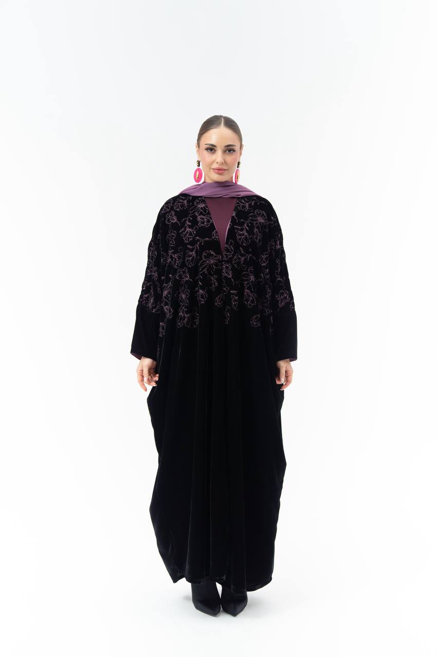 Black velvet Bisht-style abaya with embroidery.C:6843 Pink