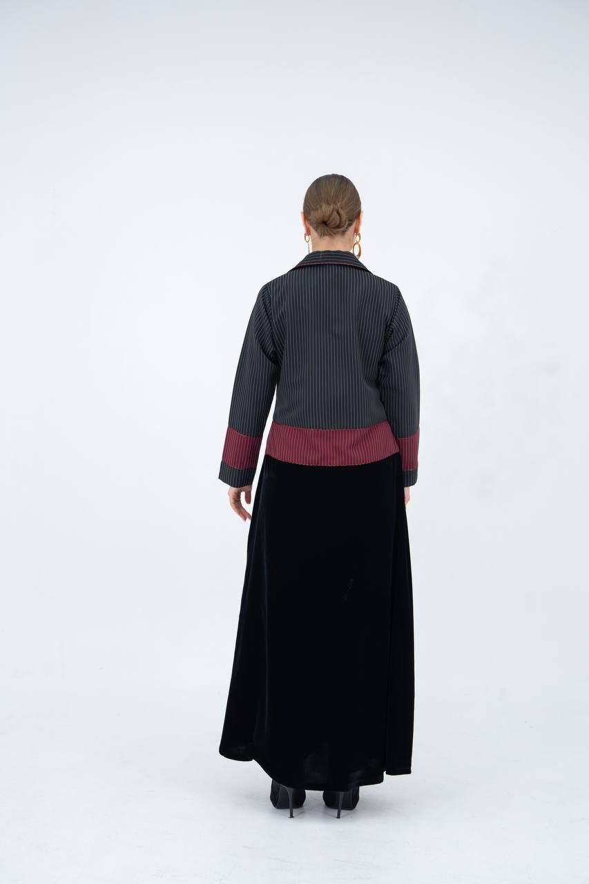 Striped crepe abaya with embroidered velvet.C:6848