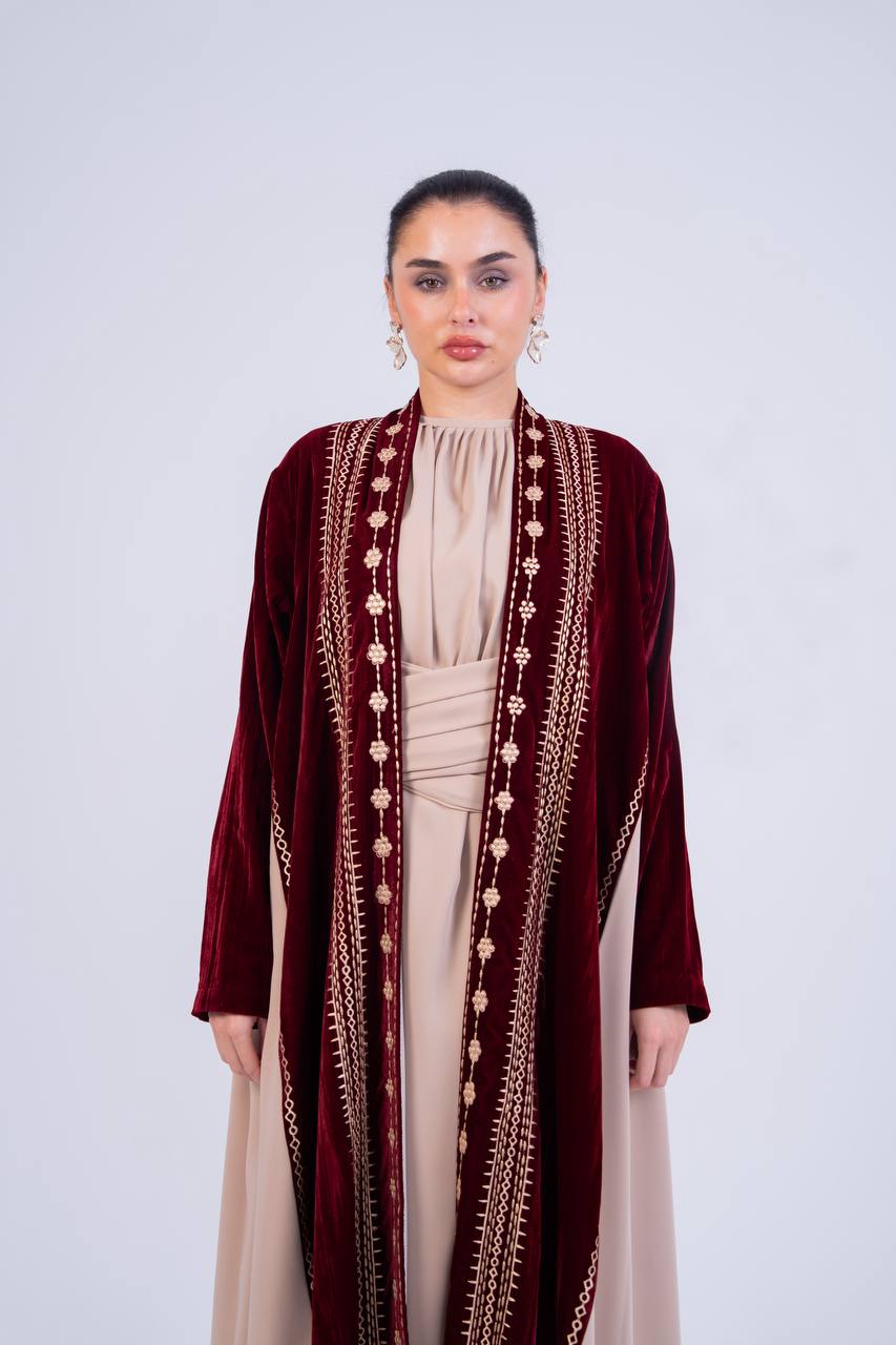 Velvet and crepe abaya with embroidery.C:6852