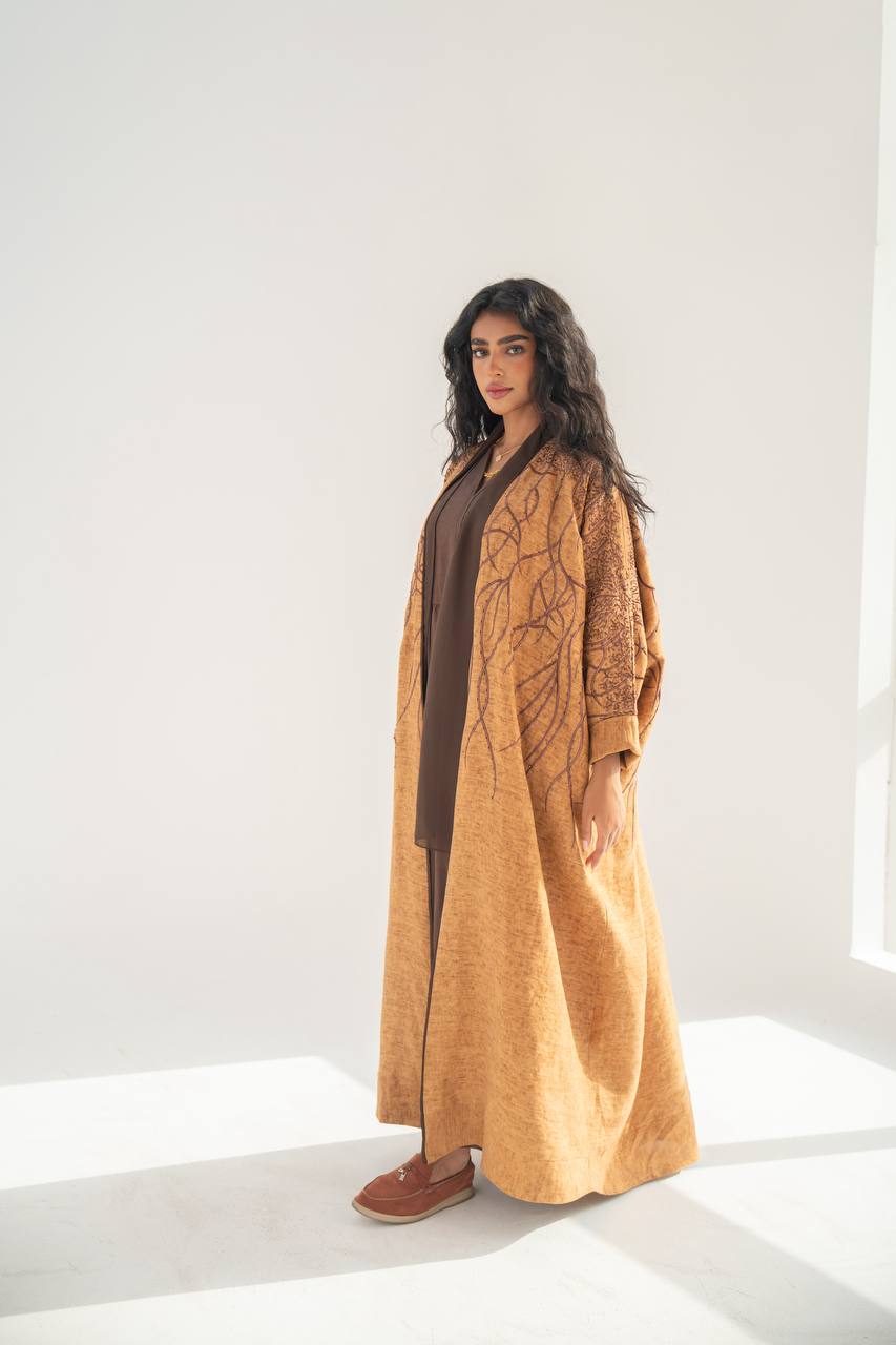 Brown linen bisht abaya with embroidery C:6648
