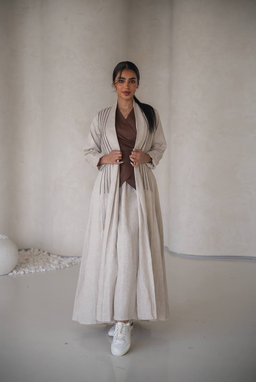 عباية مع بلوزة و تنورة بخام لينن الطبيعي C:6637 Beige
