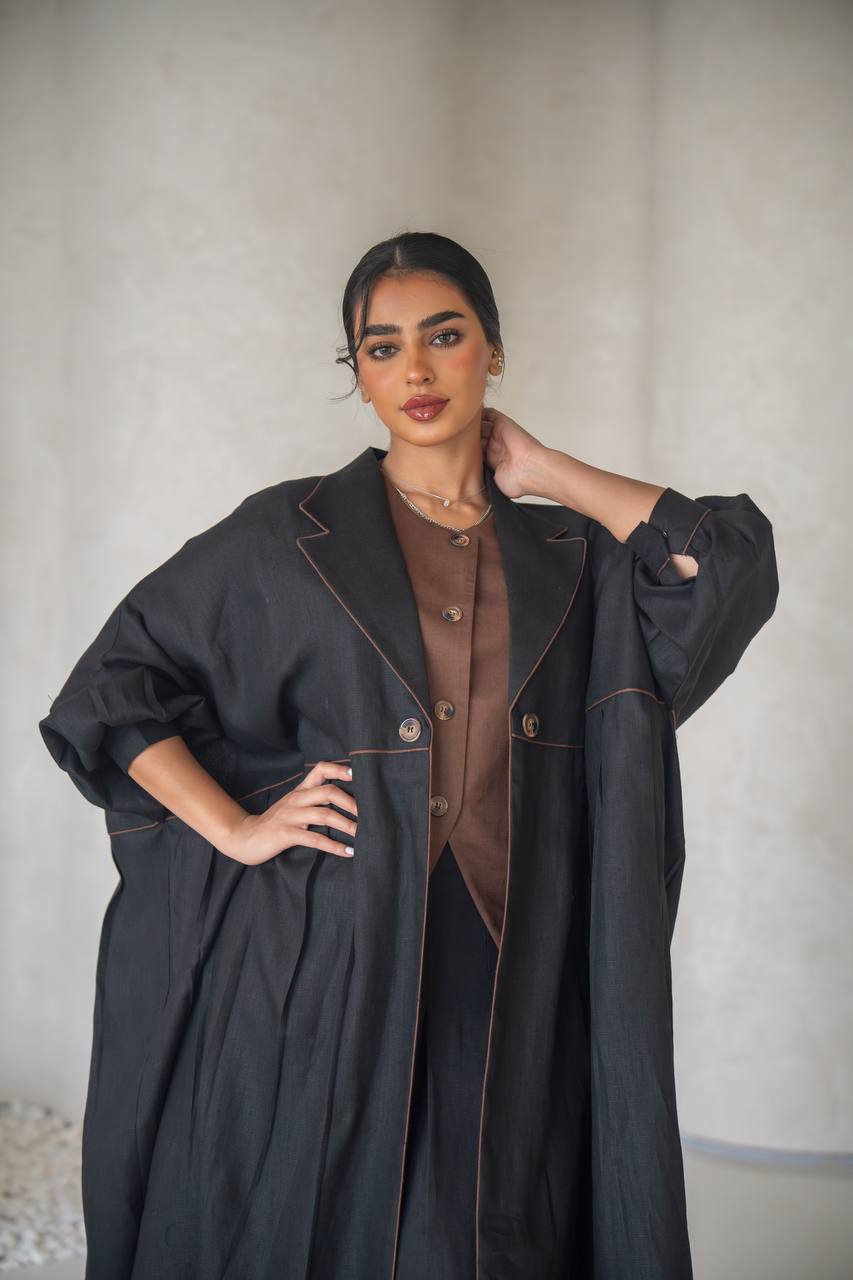 Free size black abaya with inner set, linen C:6641 (free size)