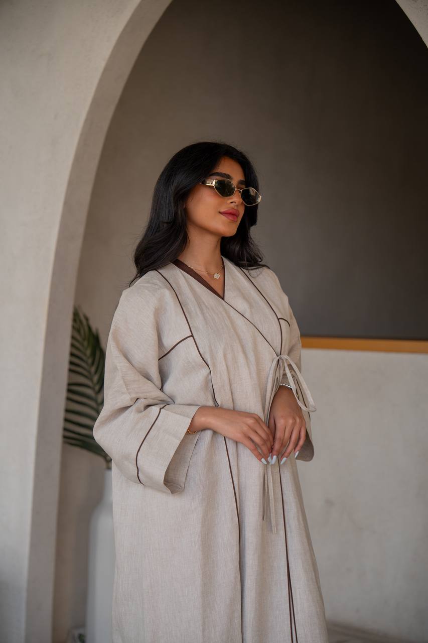Abaya with inner set, beige, linen C:6635 (Free size)