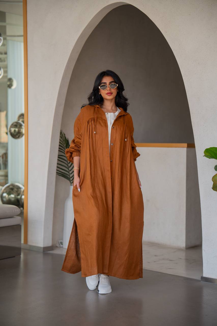 Free size linen abaya in camel color, with inner set C:6634 (Free size)