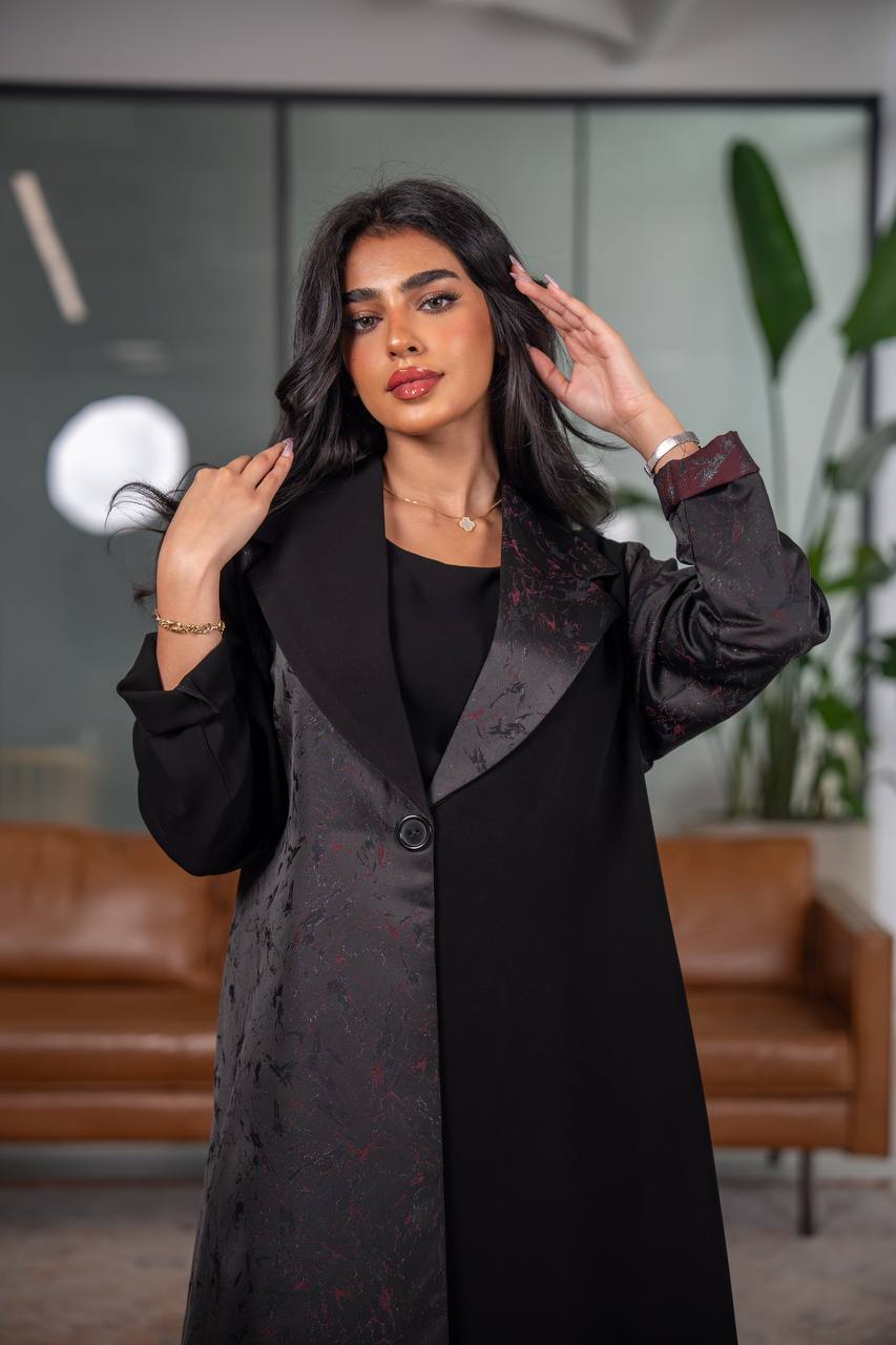 Black crepe blazer abaya with jacquard fabric C:6626