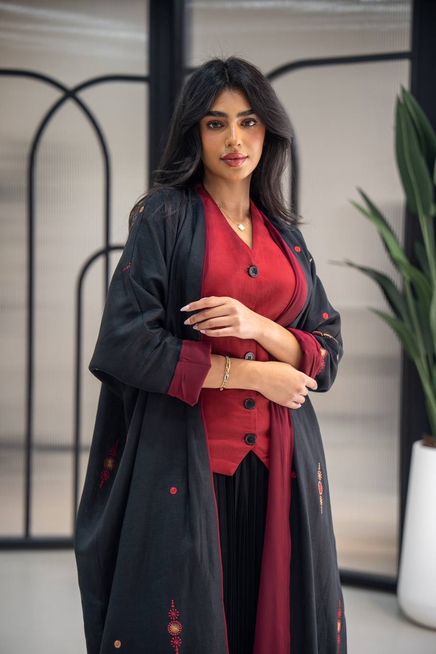 Black linen abaya with embroidery C:6622 Black (Free size)