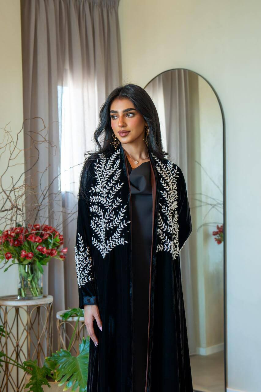 Black velvet abaya with embroidery C:6576