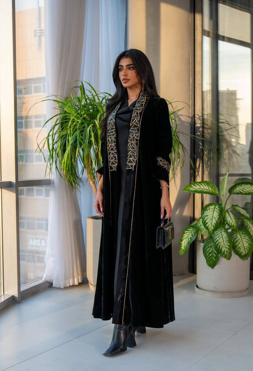 Black velvet abaya with golden embroidery C:6575 Black
