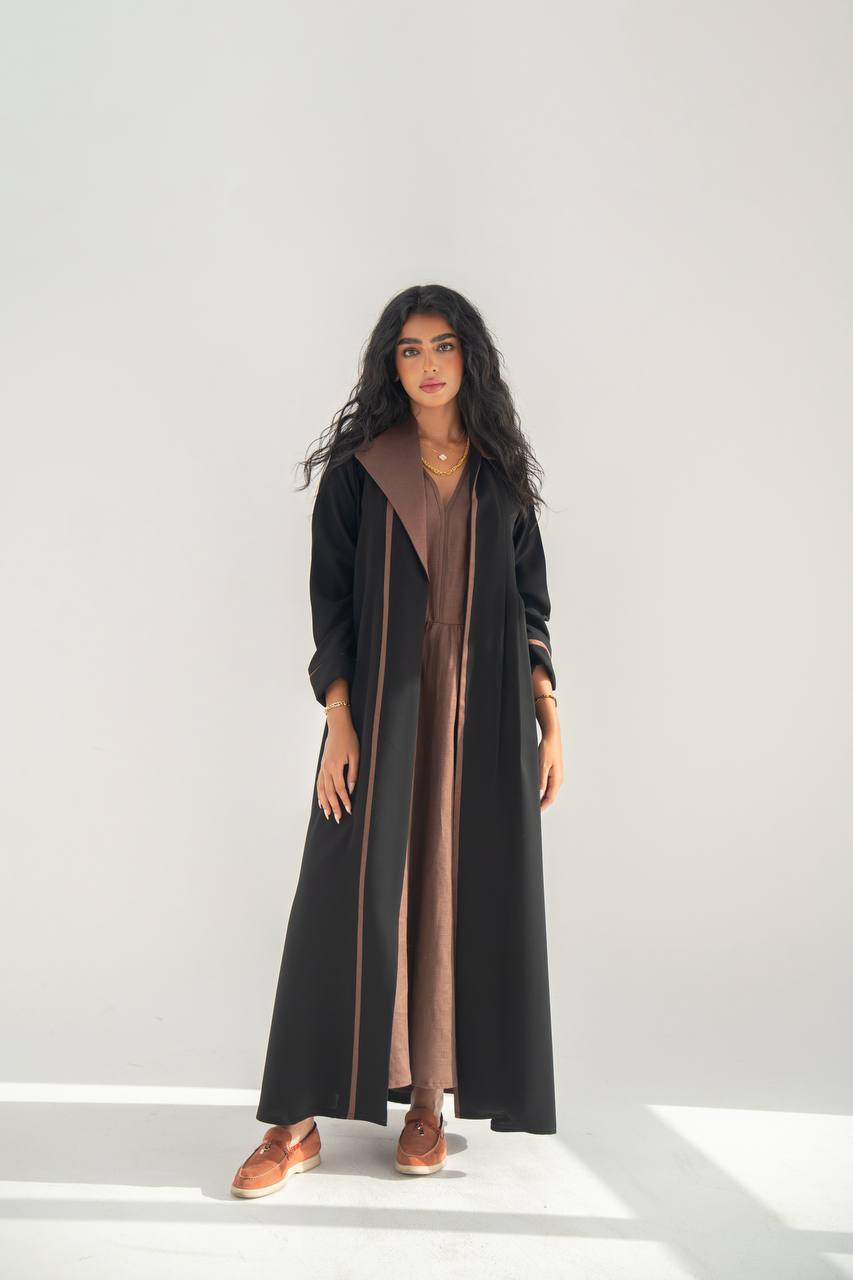 Black crepe blazer abaya with brown details C:6636 Black Crape