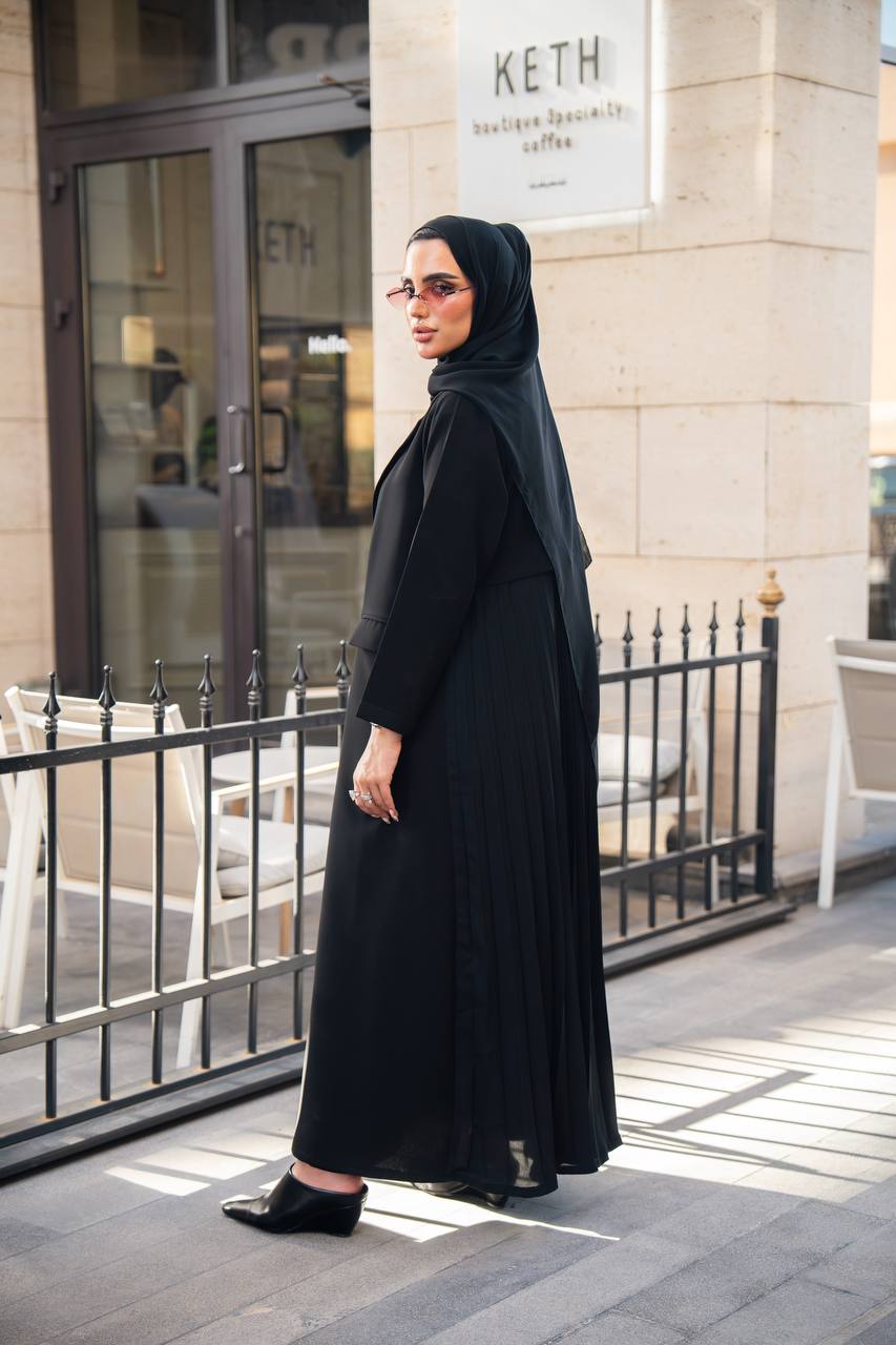 Black crepe blazer abaya with pleated cloche C:6680