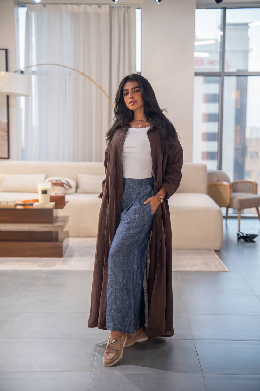 Free size brown linen abaya C:6663 Brown