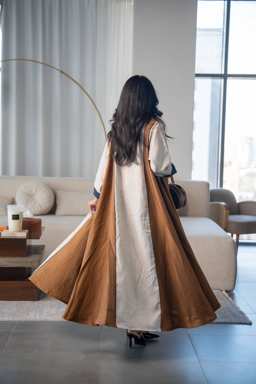 Beige and camel linen abaya. C:6686
