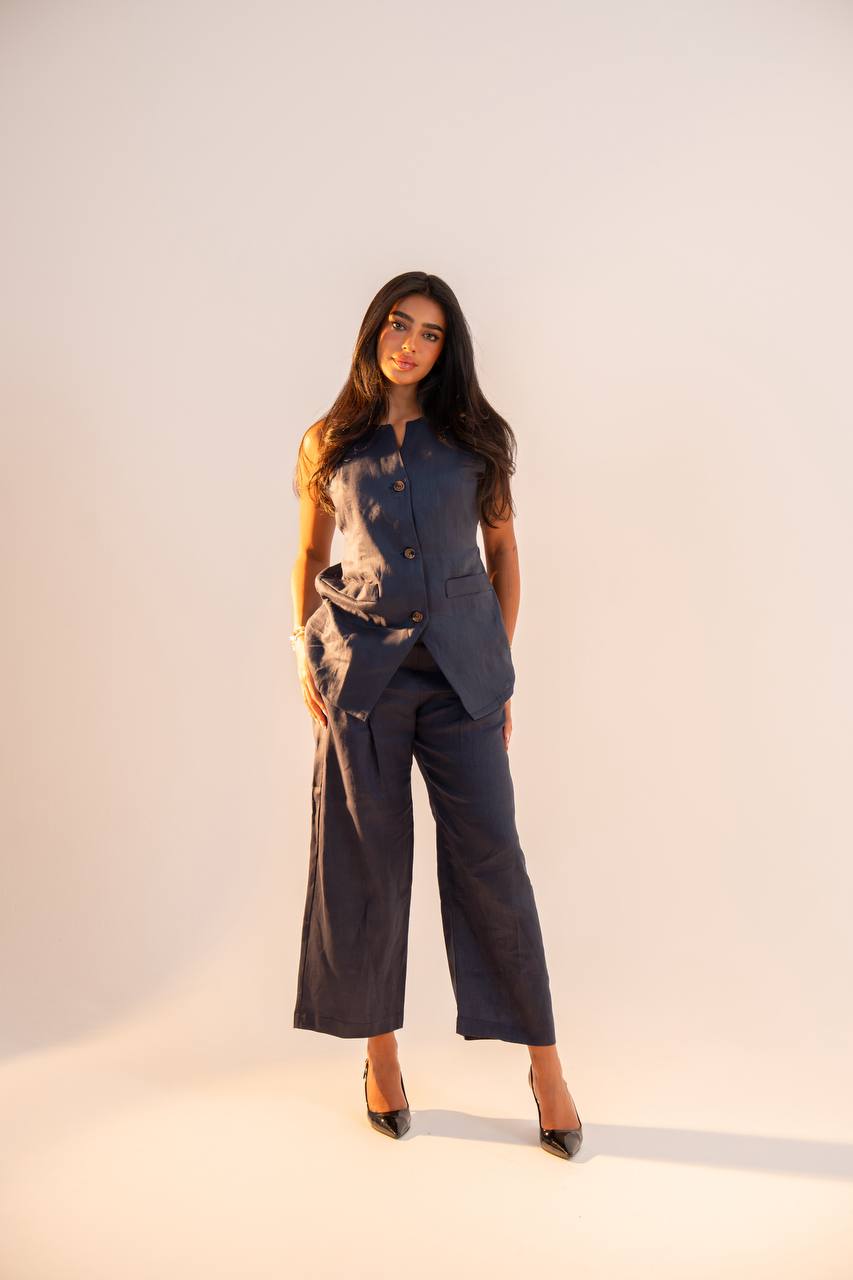 Navy blue linen vest and pants set. C:217