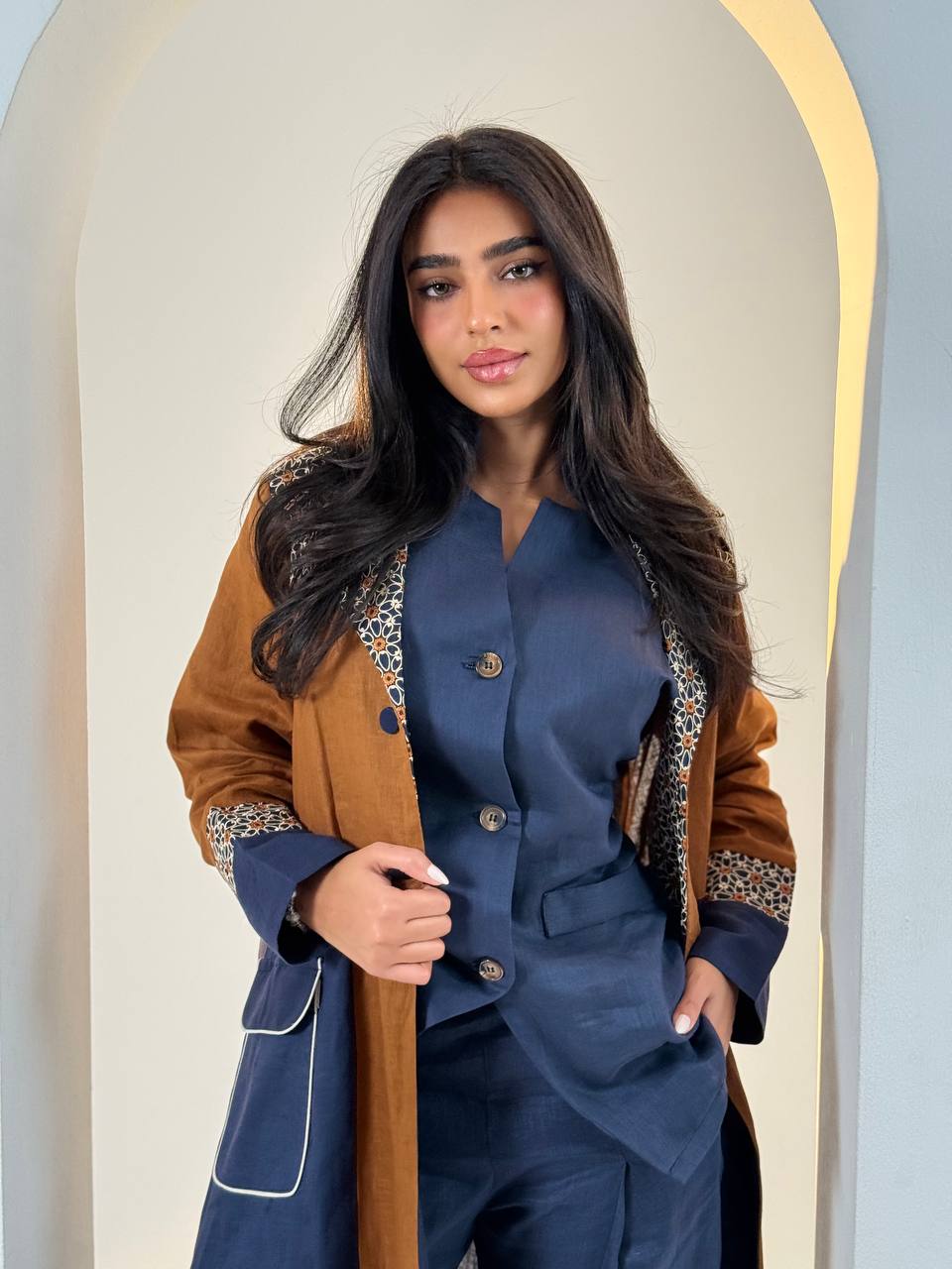 Camel and navy linen abaya with embroidery.C:6692