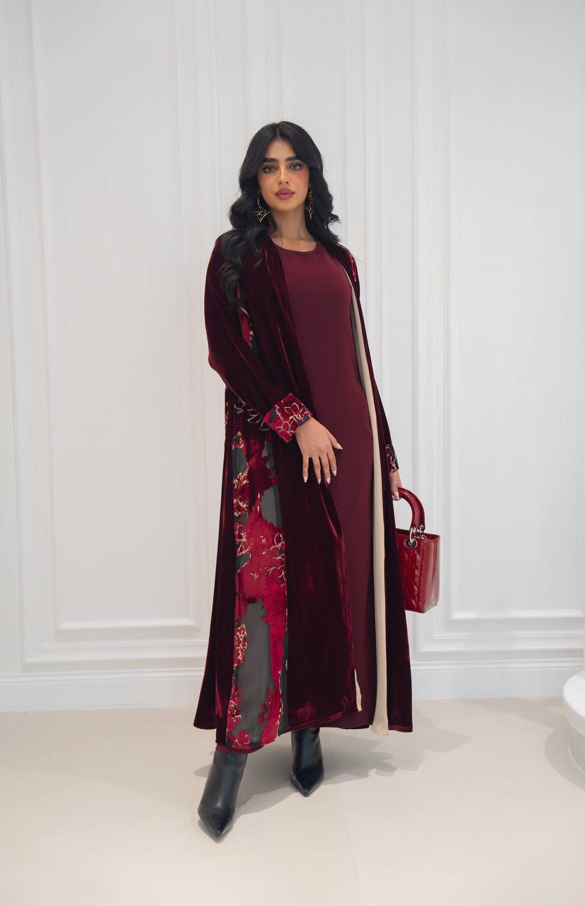 Burgundy velvet abaya. C:6573