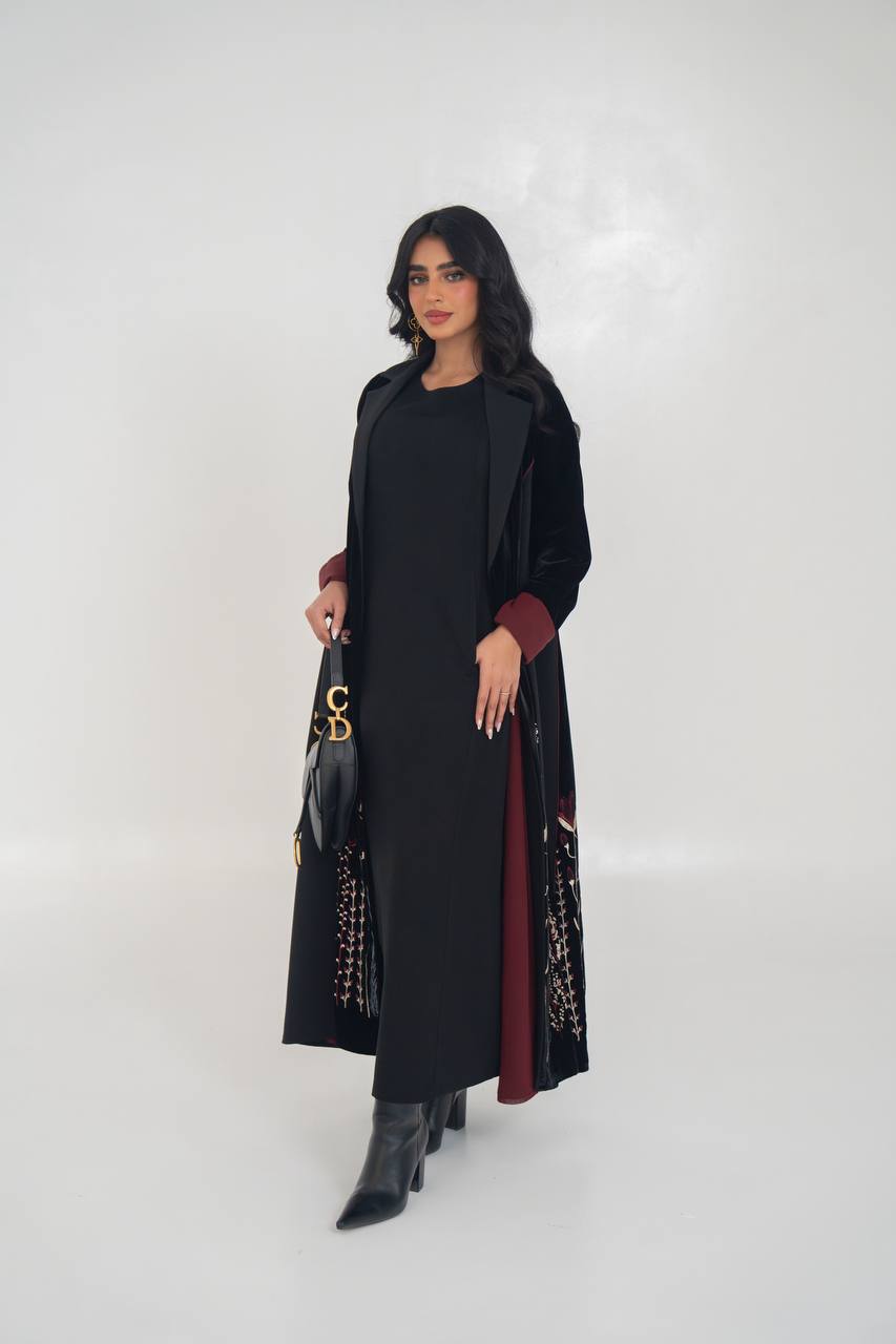 Black velvet blazer abaya with embroidery. C:6712