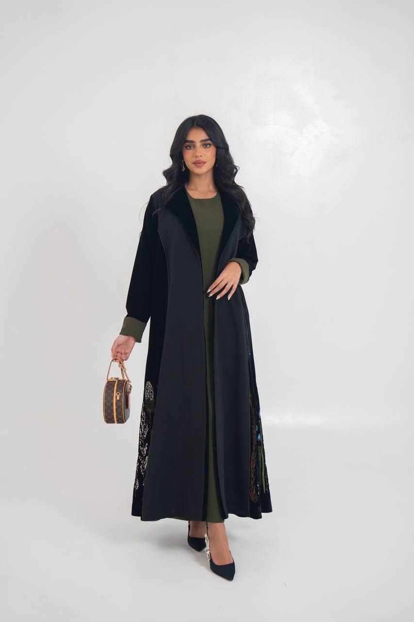 Velvet blazer abaya with crepe and embroidery. C:6711