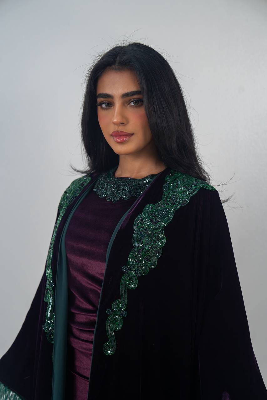 Velvet bisht and dress set in royal purple with hand embellishment.C:6715