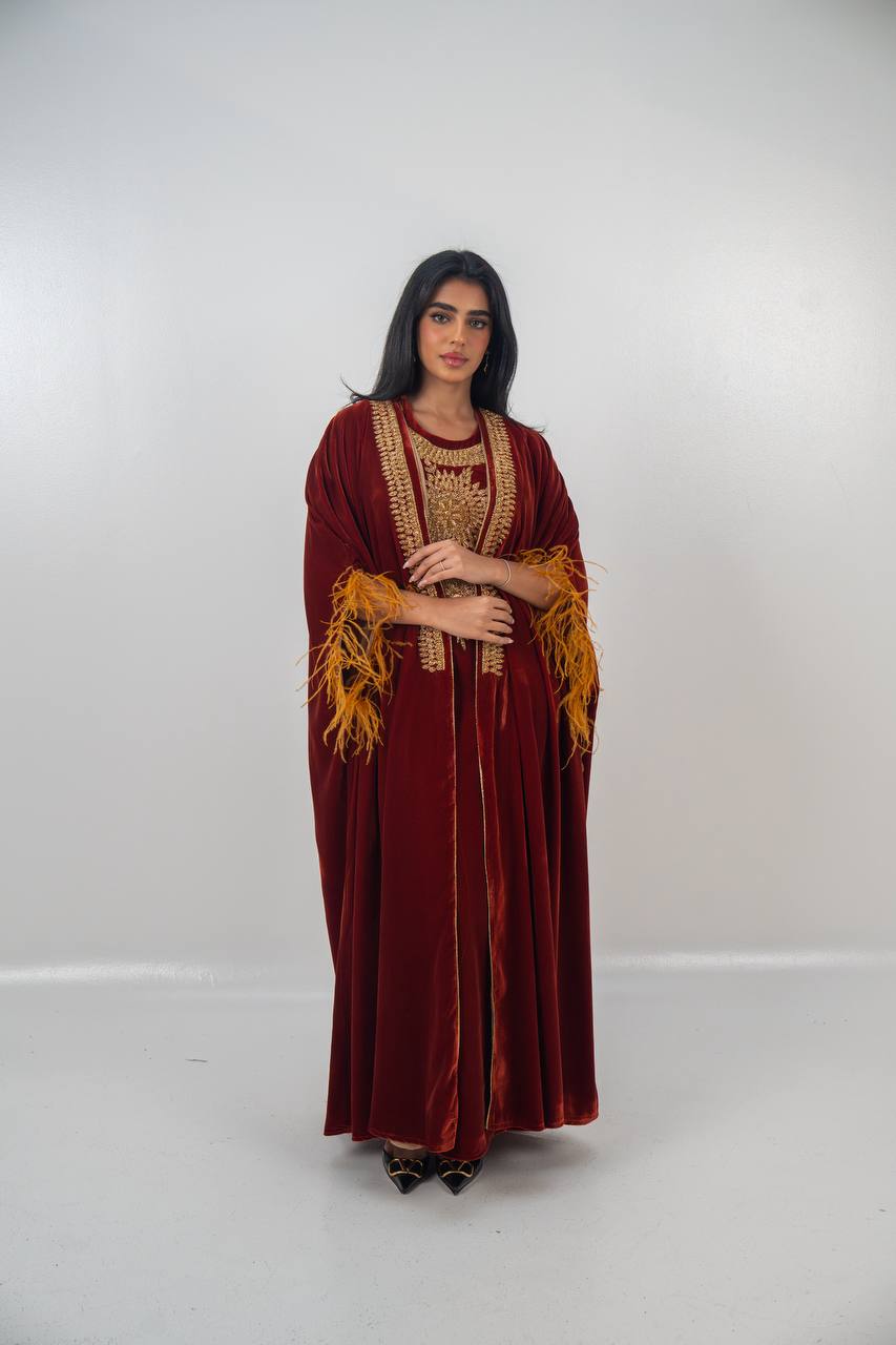 Bisht and dress set in burgundy velvet with hand embellishment.C:6714