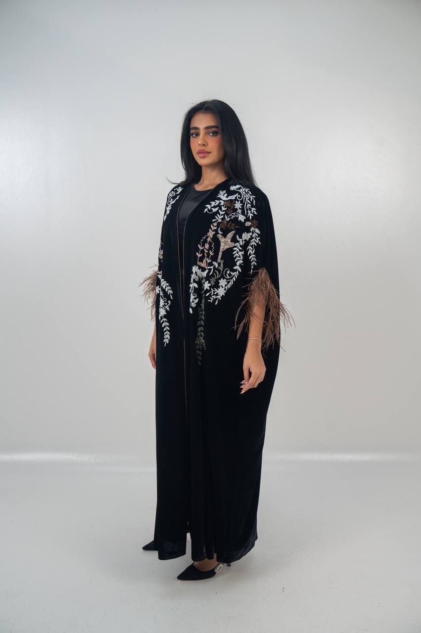 Velvet bisht and jumpsuit set in black with hand embellishment.C:6719