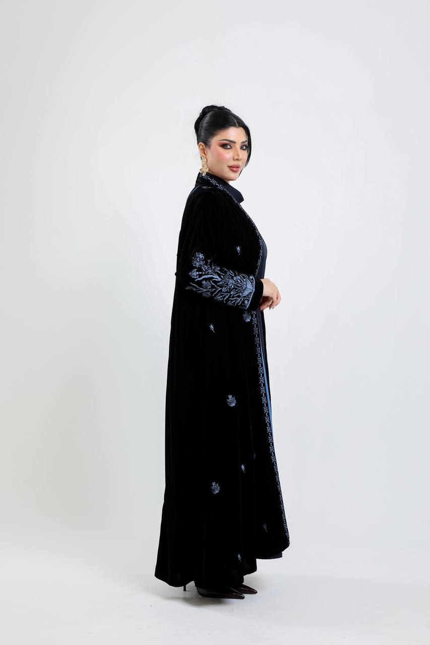 Black velvet abaya with blue embroidery. C:6721 Blue