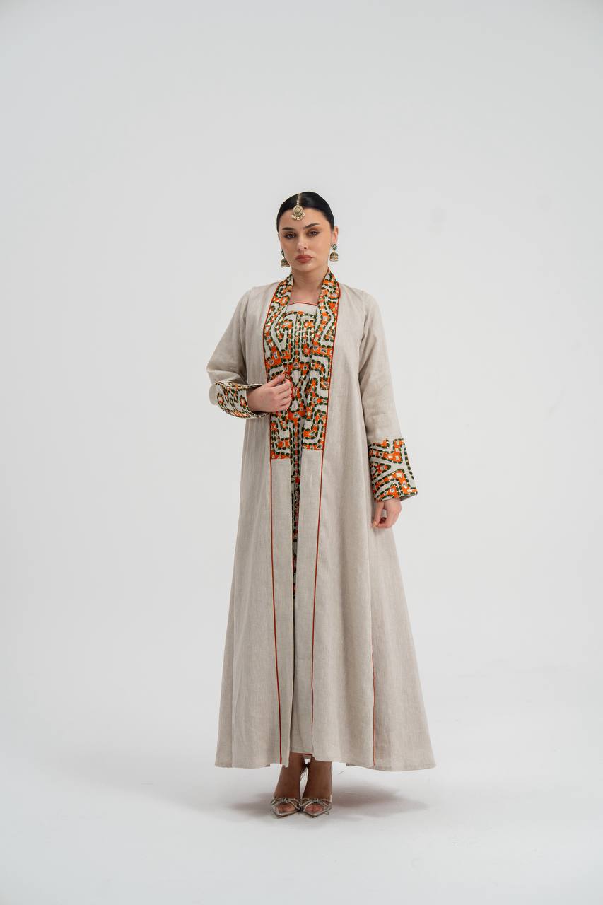 Abaya and dress set, light beige linen with embroidery. C:6743