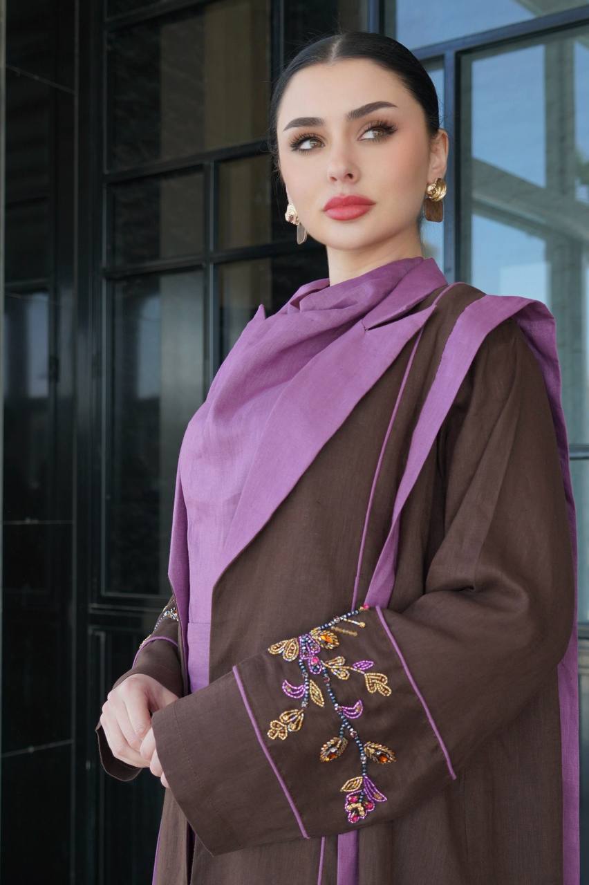 Brown linen blazer abaya with embellishments. C:6755