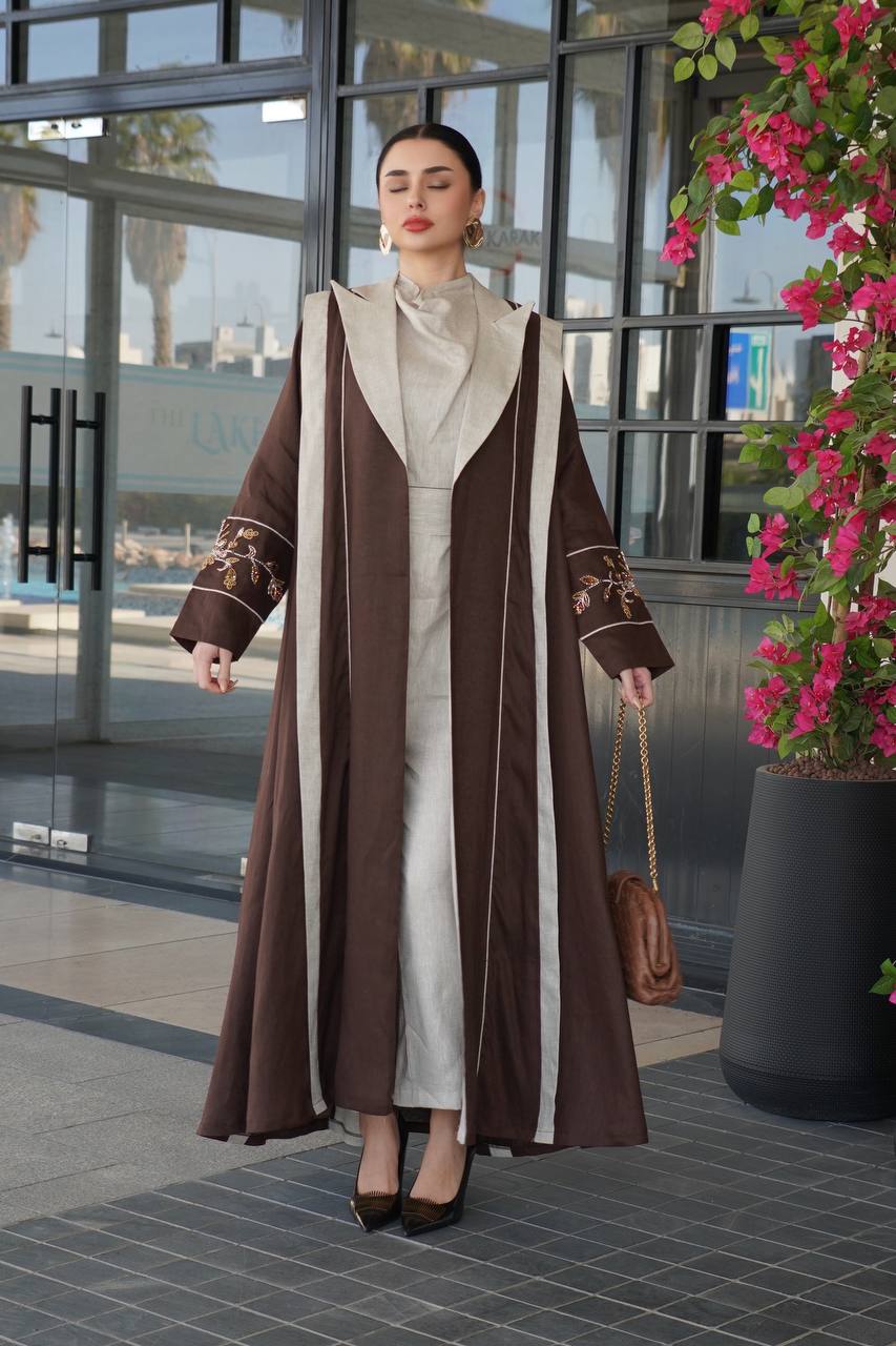 Brown linen blazer abaya with hand-stitched details. C:6755