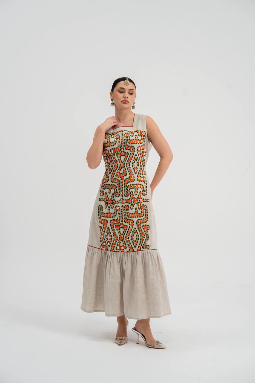 Abaya and dress set, light beige linen with embroidery. C:6743