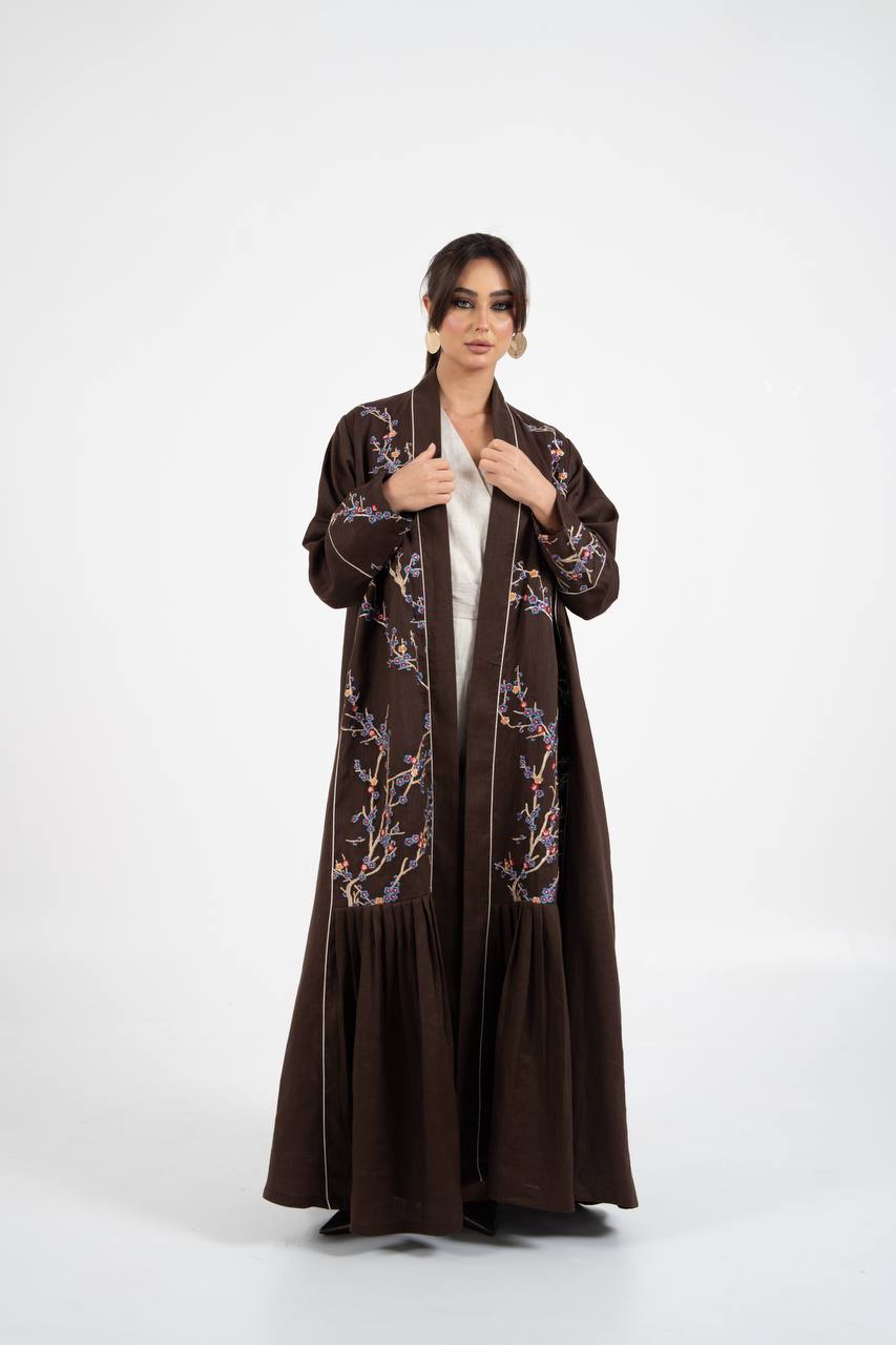 Linen abaya in brown with embroidery. C:6760
