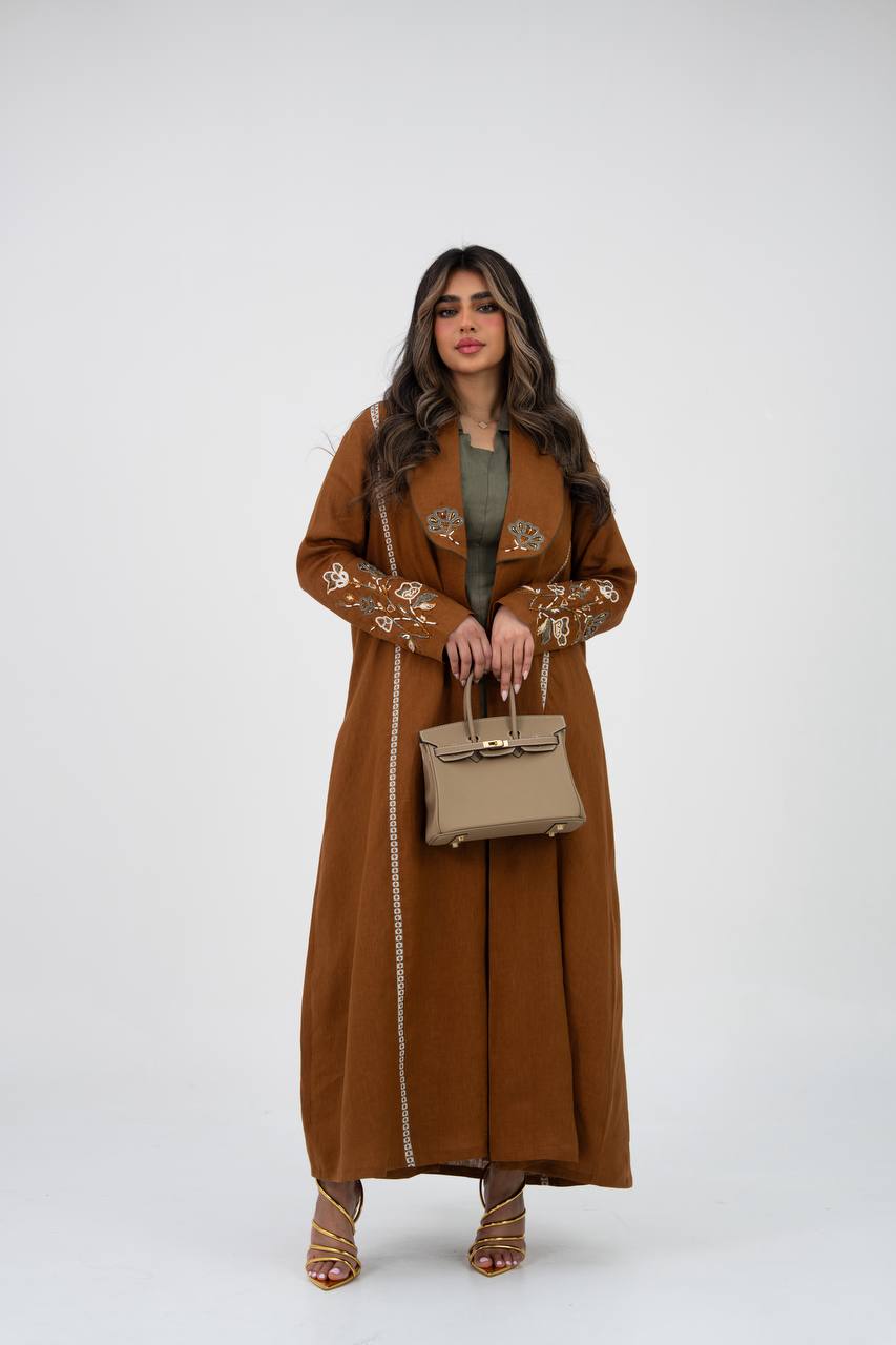 Camel-colored linen trench coat with hand embroidery and beading. C:6768