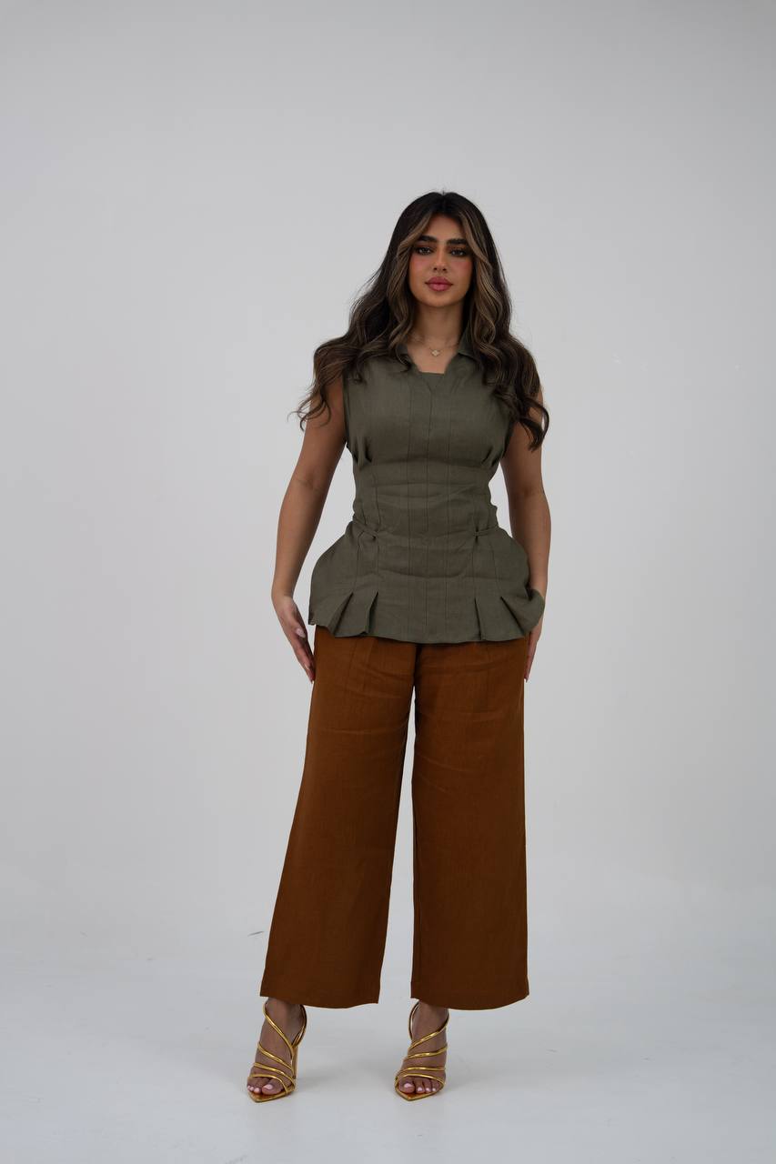 Linen blouse and pants set. C:229 Green/Camal