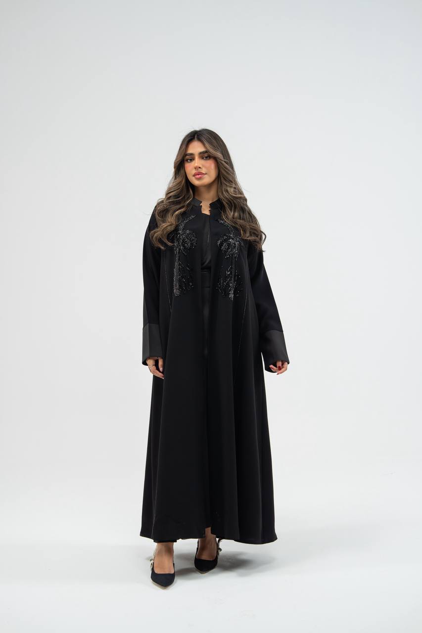 Black crepe abaya with hand-stitched details. C:6748 black.  crepe