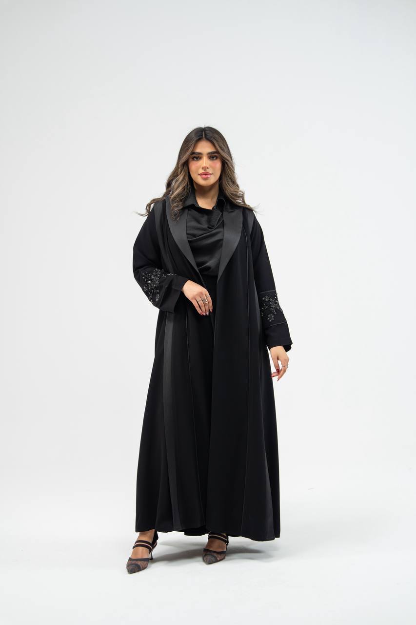 Black crepe fabric abaya with satin. C: 6755 black crepe