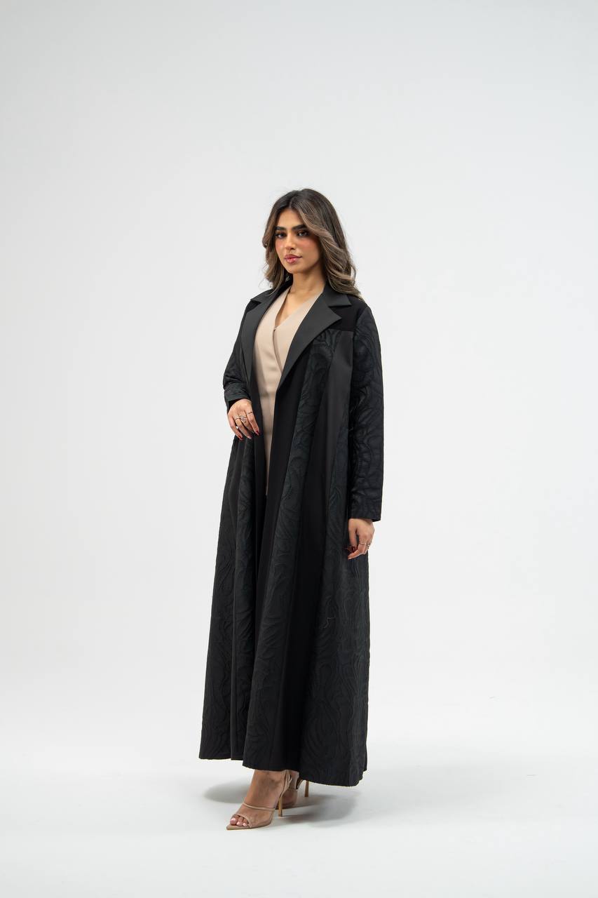 Black crepe abaya with jacquard detailin.  C:6775