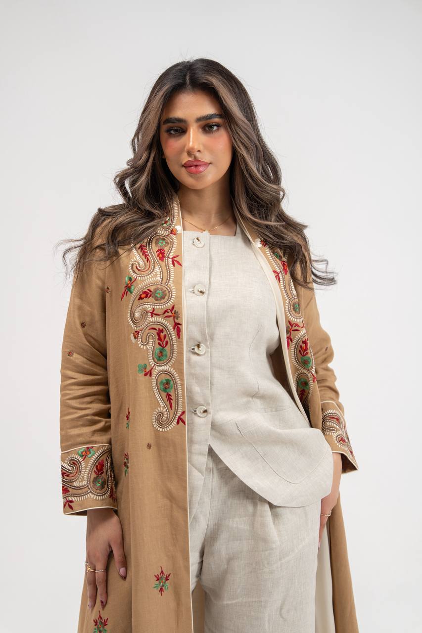 Beige linen abaya with embellishments. C:6772