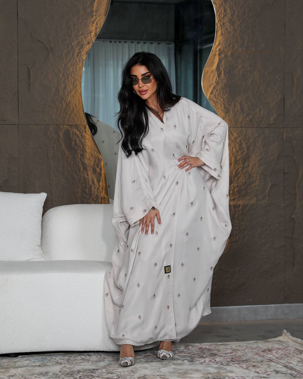 Light beige silk crepe abaya with embroidery C:6387