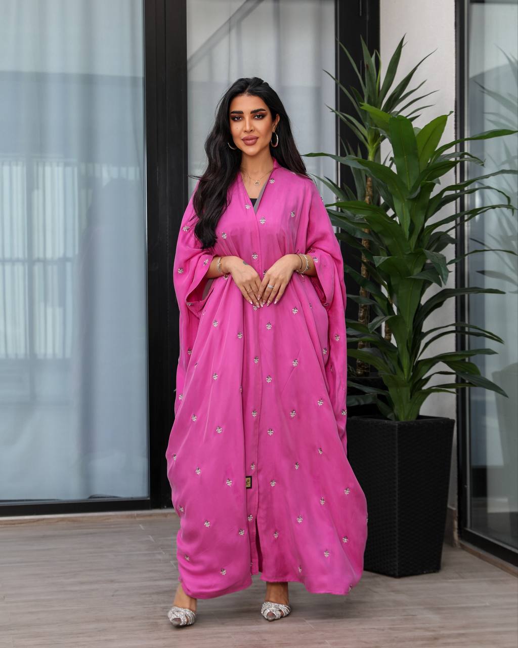 Pink silk crepe abaya with hand embroidery and beading. C:6387