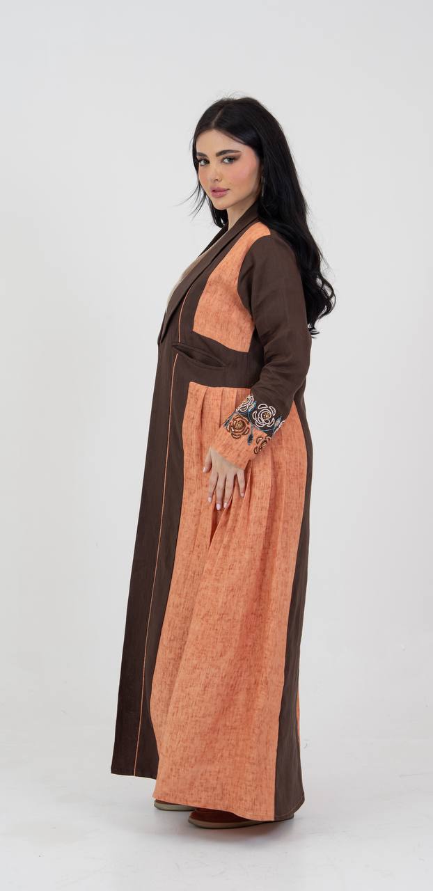 Linen abaya in brown and orange with hand-beading. C:6781