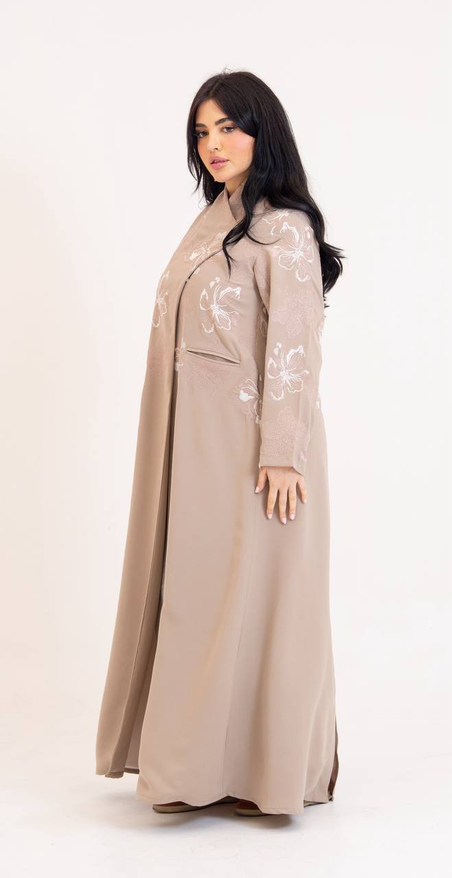 Beige crepe abaya with embroidery.C:6765