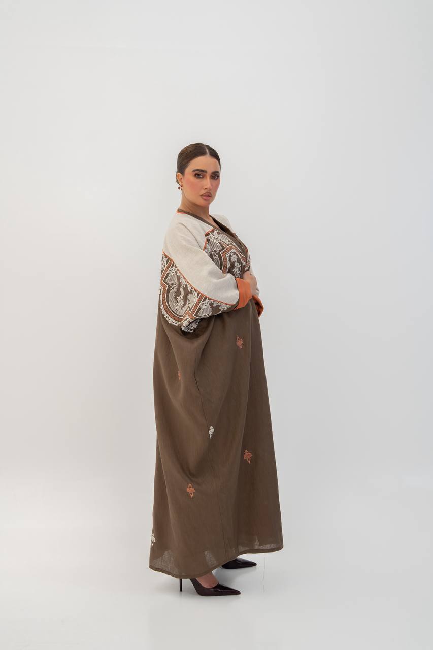Brown linen abaya with embroidery. C:6785