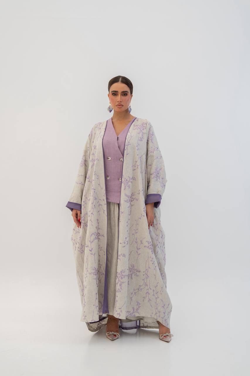 Beige linen abaya with embroidery. C:6784