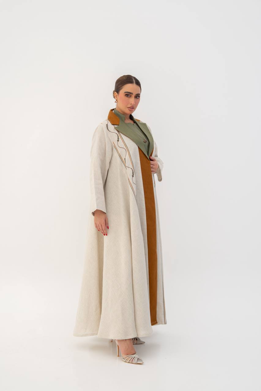 Beige linen abaya with embroidery. C:6787