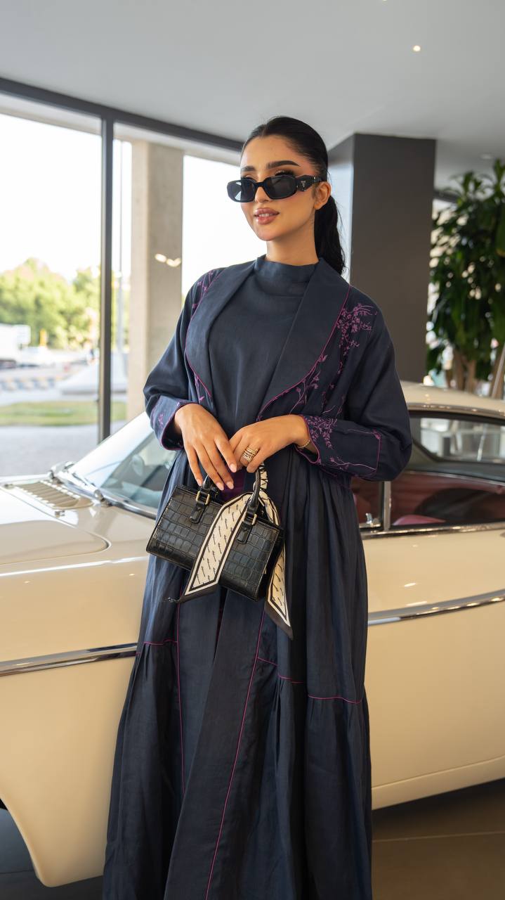 Linen abaya in navy blue with embroidery.C:6786