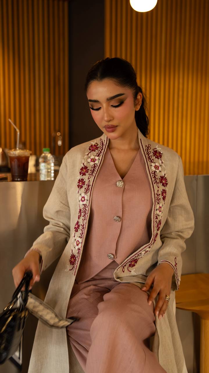 Linen abaya in beige with hand embroidery and beading. C:6791
