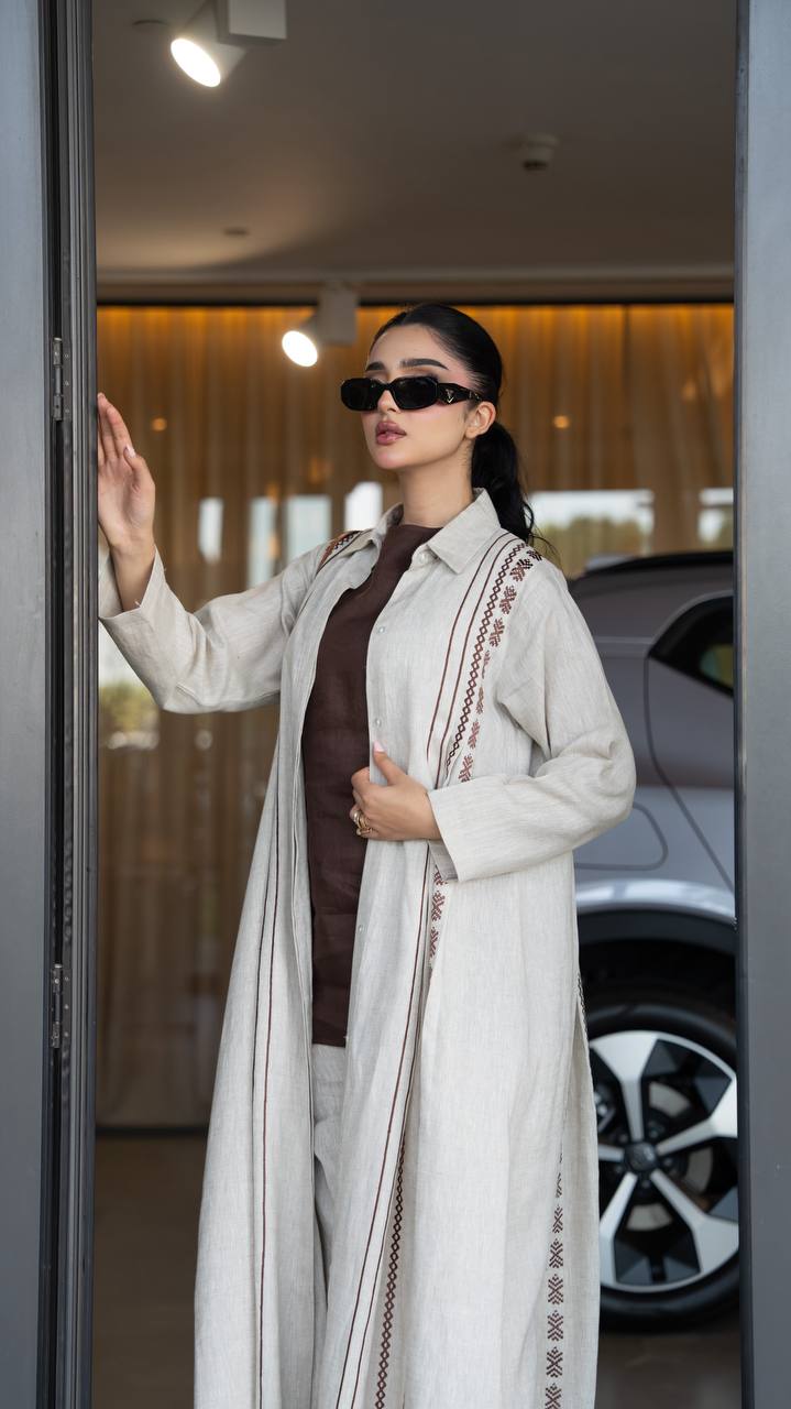 Beige linen abaya with embroidery. C:6683