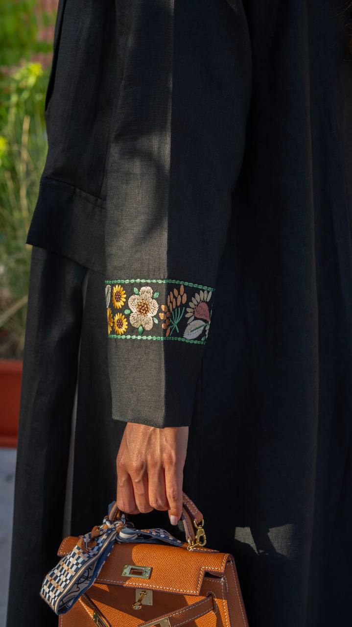 Black linen blazer abaya with embroidery. C:6792