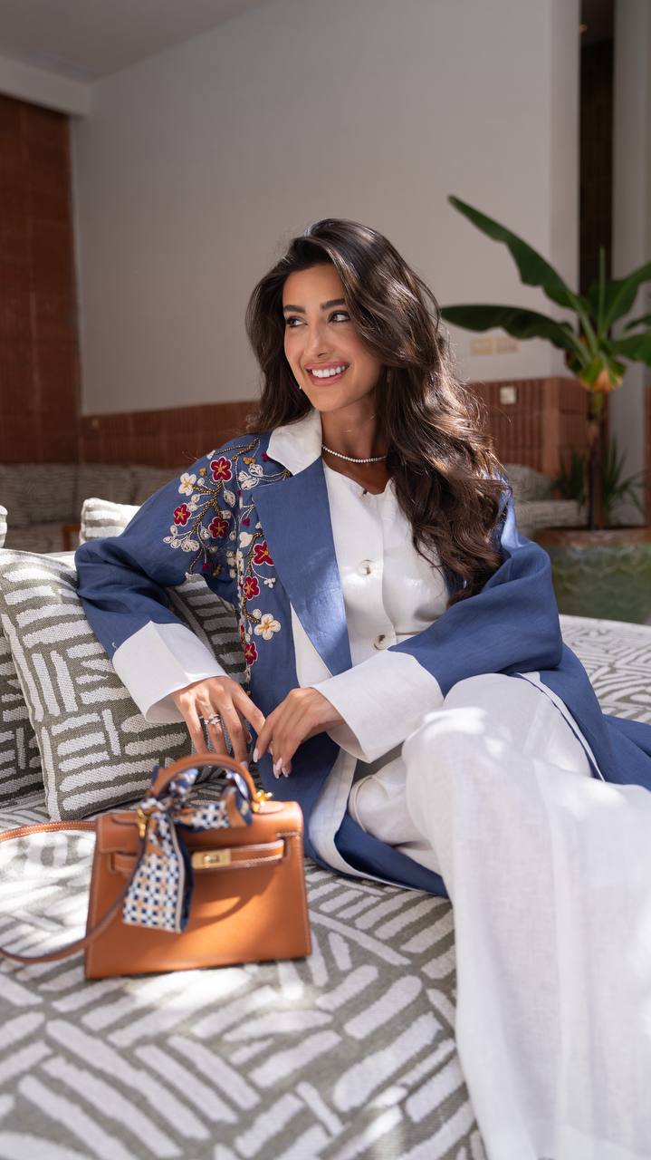 Blue linen blazer abaya with embroidery.C:6795