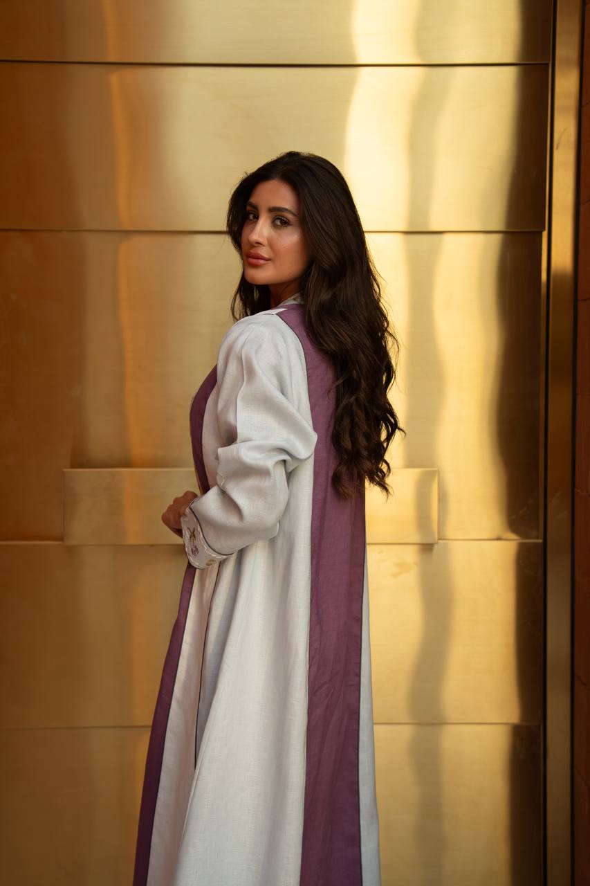 Beige linen abaya with embroidery.C:6799