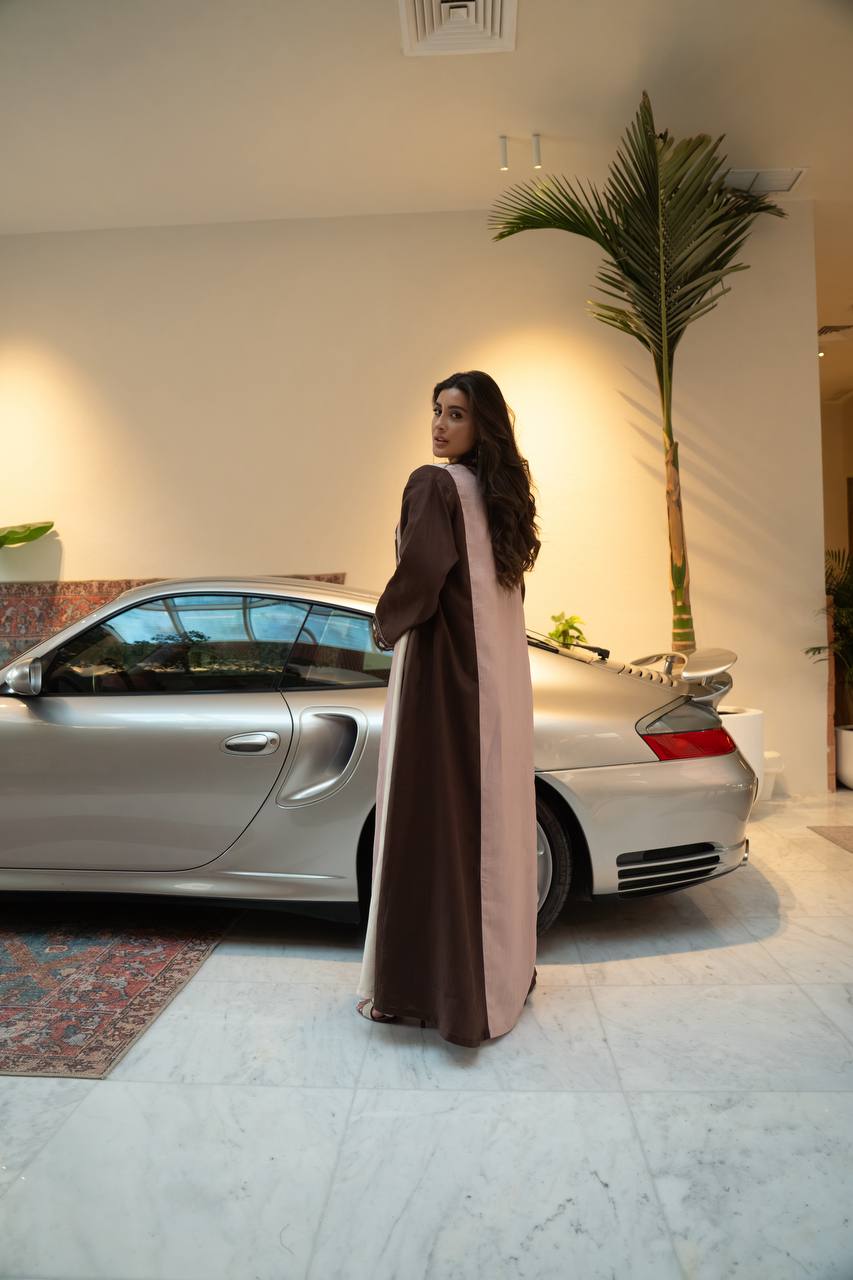 Linen abaya in brown with embroidery.C:6799
